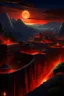 Placeholder: View of an ancient walled city sitting in a valley as viewed from the rim of the valley, the city is lighted by torches placed along the walls with windows high upon the wall, One window has a scarlet cord draped out reaching the ground, the sky is dark and surrealistic with planets and moons on the horizon, the rim of the valley has armored soldiers laying in wait while 2 spies work their way down to the outside of the city wall where the scarlet cord hangs from the window above
