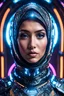 Placeholder: Ultra-detailed benevolent cyborg hijab in a spaceship, with anthropomorphic cybernetic elements on metal armor, neon lights reflections, reflection mapping, intricate design and details, dramatic lighting, Cinematic lighting, Volumetric lighting, Epic composition, Photorealism, Bokeh blur, Very high detail, Sony Alpha α7iv, ISO1900, Character design, Unreal Engine, Octane render, HDR, Subsurface scattering, by addie digi