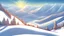 Placeholder: Fantasy cartoon style: view down the ski slope from the top of the hill, snow is sparkling, sun is shining