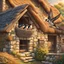 Placeholder: captivating cinematic painting masterfully blending traditional illustration, 3D rendering, and wildlife photography, depicts a picturesque old stone farmhouse with a thatched roof. The harmonious blend of artistic styles creates an atmosphere of serene tranquility, warmth, nostalgia, and timeless beauty. In the cozy home on the roof, three adorable baby swallows rest in their nest, watched over by a swift adult swallow soaring around them. Vibrant hollyhocks cascade along the walls, and hay in