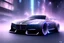 Placeholder: powerful concept future car. smooth front grill. dark color fade theme. large engine protruding from the hood. big spoiler . nebula back round. extra detail with luminous engravings . neon underneath. big city with skyscrapers, light mist, jet engine