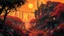 Placeholder: comic art: garden eden in orange colors with a apocalyptic ruined cyberpunk city