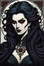 Placeholder: museum quality color woodblock print of an enigmatic, darkly visionary and disturbed Malkavian female vampire with highly detailed hair and facial features , with a fine art , graphic novel aesthetic, highly detailed, finely cut ,8k render,