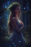 Placeholder: Painting of a dream girl in a fantasy forest, small glitter lights in the forest space, digital painting, fantasy painting, dancing girl, song, fantasy art, fantasy girl, beautiful girl, beautiful face, 25 years old, beautiful painting, forest In the background, dark night, glitter in the background, fantasy forest, haunted forest