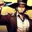 Placeholder: Bearded, gunslinger, short brown hair, serious eyes, wild west Coat, serious