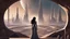 Placeholder: skinny sci-fi girl with long dark hair on an alien planet with tall spires, buildings, bridges, and arches