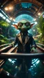 Placeholder: fish-eye of furry hairy pimp rocker priest alien gremlin on boat bridge over water slide in dark lit reflective wet jungle metallic hall dome hotel tunnel, in the style of fallout 4 game,bokeh like f/0.8, tilt-shift lens 8k, high detail, smooth render, down-light, unreal engine, prize winning