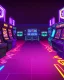 Placeholder: A dark photo of a full panoramic view an 80's aesthetics arcade at night, with a lot of functioning arcade machines, a vaporwave floor and some colorful tiles in between the floor. Purple aesthetics.