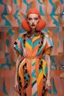 Placeholder: Fashion model full view in a colorful costume at milan fashion week show, in the style of retro grotesque, kawaii aesthetic, pop inspo, inspired by 50s ::9 Fashion photography, fabric print Gareth Pugh Style, oversized portraits, multi – layered, terracotta