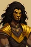 Placeholder: Tan skin fantasy human barbarian with brown eyes, black hair, wearing a yellow and black medieval tabard with a black lion symbol