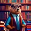 Placeholder: a photograph of a dignified beaver wearing glasses wearing gafas wearing glasses, a vest, and colorful neck tie. He stands next to a tall stack of books in a library