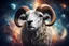 Placeholder: Ares the Ram in a cosmological background, with stars and planets, HD, centred image, in focus, no deformity