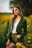 Placeholder: fullbody close up shot of young-beautiful-girl-with-a-perfect-face wearing pants and thight blouse and jacket, country side green field flowers day lights