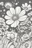 Placeholder: flowers coloring page for kids, cosmos, cartoon style, thick outline, low details, no shading, no color