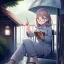 Placeholder: anime girl writing with a pencil in her hand in a book sitting on a porch swing of a very old house in the rain, wearing pajamas,wearing glasses, rain and raindrops