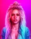 Placeholder: portrait, Shakira, blonde artist, Realistic image, drinking a strawberry milkshake, pink line make-up, sweat, fog, goddess style, Neon colors, leds. Color background, photo studio, concept art, smooth, unreal engine 5, god lights, ray tracing, RTX, lumen lighting, ultra detail, volumetric lighting, 3d, finely drawn, high definition, 4k.