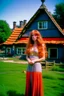 Placeholder: full body and headshot of a skinny Cleopatra, with long wavy ginger hair, in a floaty dress, standing on a village green, with thatched roof cottages behind