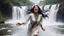 Placeholder: Hyper Realistic Photographic Close Face Shot Of A Beautiful Pashto Woman With Long Black Wet Hair Wearing A White And Multicolored Frock, Happily Jumping On A River Water And Enjoying Rain With A Beautiful Waterfall And Cloudy Weather At Heavy Rainfall Showing Dramatic And Cinematic Ambiance.