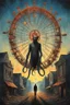 Placeholder: Modern horror Movie poster for text "PLAYING DEAD" layout by Drew Struzan, style of Zdzislaw Beksinski and Dariusz Klimczak, surreal carnival materializes in small New Hampshire town, rickety Ferris wheel spinning out of control, giant devil monkey spirit rules over all, eerie, uncanny, ghastly surreal horror, double exposure effect, dark colors, dramatic, text: "PLAYING DEAD"