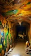 Placeholder: A tan cavern covered in paint designed in Scandinavian folk art art painted by Guo Xi
