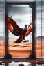 Placeholder: vibrant digital artwork featuring a rusty red mechanical vulture made of scrap metal stepping through an arafed damaged glass door with frame standing ajar, in middle of desert, surreal backdrop, translucent gray afterimages, thin glass panes and wires, amazing reflections, amazing verticals, dramatic, dynamic, double exposure, negative space, liminal space, anxiety vibe, background is blend of gray tones and random splinter glitch fragments in cobalt blue and yellow, unnerving atmosphere