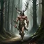 Placeholder: large muscular firbolg man with antlers walking in the woods fantasy digital art