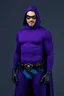 Placeholder: full-length, A portrait of a the Phantom, a man with piercing blue eyes, a chiseled jaw, goatee, timeless face, stern expression, Wearing a tight fitting purple cotton hero suit with a cowl that fits tight to his head, but does not cover his face, he wears a thin, black leather, bandit eye disguise over his eyes, black and blue diagonally striped trunks, dual-holstered pistol belt adorned with a triangle skull-shaped buckle with leg straps, Knee-high black leather boots