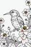 Placeholder: coloring bird detailed naturalistic with thik line and flowers in blooming as background