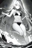 Placeholder: bikini long hair thin girl with leg in abyss pool, greyscale, cool pose, screen tones