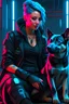 Placeholder: a cyberpunk lady with her pet dog
