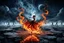 Placeholder: a stunning detalied surreal image where a dancer's dress transforms into fire, and tongues of flame, the background is the hell with demons, cracked and ruined nightly landscape, nightmare from the hell, dark siluettes, pale light, dark night, demons, crepy stunning image, masterpeace, thriller