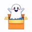 Placeholder: An icon that features a cute and happy ghost. It tries to shove some a huge pile of paper into a box. No background. Transparent background. Cute. Icon. Logo. Drawing. SVG.