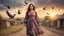 Placeholder: Hyper Realistic Young-Happy-Pashto Women wearing checkered-patterned dress in a village at cloudy sunset with birds flying with dramatic ambiance