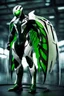 Placeholder: Cyborg symbiote, white color, green color, tendrils, high tech, cyberpunk, biopunk, membrane wings, carbon fiber