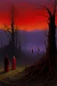 Placeholder: A violet red fiery demonic realm with ghosts painted by Caspar David Friedrich