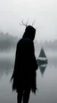 Placeholder: A mysterious man in black standing by the foggy lake black vein, human veins, mixing together a lot of them, like a forest, big and small veins a lot of them. A mist, show a boat is coming in dark foggy distance