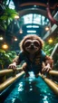 Placeholder: fish-eye photo of furry hairy pimp rocker alien gremlin sloth dwarf on bridge over water slide magically levitating in dark lit reflective wet jungle hall hotel tunnel, in the style of fallout 4 game,bokeh like f/0.8, tilt-shift lens 8k, high detail, smooth render, down-light, unreal engine, prize winning