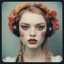 Placeholder: Grunge Polaroid head shot of doll faced frida gustavsson, orange pouty bee stung lips, red nose, hair adorned with tiny flowers, red cheeks and nose, headphone
