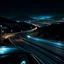 Placeholder: night time, a car dashboard lighting up, a dark mountain road in the windscreen, with a beautiful city in the distance, photo quality