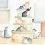 Placeholder: watercolor illustration of mischievous cats forming a cat pyramid to get up on a counter with "CATNIP" jar on it, cute, whimsical, by Goru Fujita