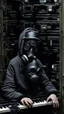 Placeholder: a person with a gas mask in an abandoned massive factory, playing with a modular synth piano