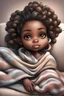 Placeholder: Create an airbrushed chibi cartoon of a black female laying down on the couch watching TV. She has a blanket covering her and her hair is in a hair scarf. Prominent make up with brown eyes.