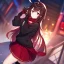 Placeholder: Clear focus,High resolution,High quality, Smiling, Black hoodie with a red collar, Wearing a red skirt, Wearing black long socks, Black Long hair with a ahoge, Red eyes, Wearing black gloves