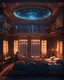 Placeholder: Men lie in beds in a pleasant dormitory, chatting until the lights are turned off by their AI masters in a fantastical future