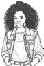 Placeholder: Design coloring page featuring a confidente and beautiful black curvy woman wearing jeans, eyes front camera