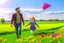 Placeholder: a father, a girl and a boy with a kite flying in the sky on the green field with flowers in sunshine