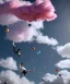 Placeholder: Ultra realistic speed clouds sky scene, wide angle view, strong men falling down with many Childs, circus clothing style, feather color clothing, free jumping flying, many trinkets, hair monster, many jelly beans, balls, color smoke, smile, happy, extreme, wind, clouds sea, 20,000 feet altitude, stratosphere, soft color, highly detailed, unreal engine 5, ray tracing, RTX, lumen lighting, ultra detail, volumetric lighting, 3d, finely drawn, high definition, high resolution.