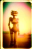 Placeholder: steampunk, vintage analog polaroid of a woman robot, female body, fog, lomography, heavy film grain, sunset, color bleed, depth of field, bokeh, retro