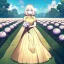 Placeholder: anime girl holding on to a dried dandelion flower and blowing the dried seeds into the air as the wind carries them away. outdoors scene.anime girl standing in a meadow of flowers. thw wind is blowing flower pedals into the wind. girl wearing yellow dress. more emphasis on seeds floating in the air. lots of seeds floating the air