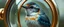 Placeholder: close up portrait of the sweetest soulfull magical bird using a machine as a house, the machine is glass and bronze, rounded elliptical cylinder